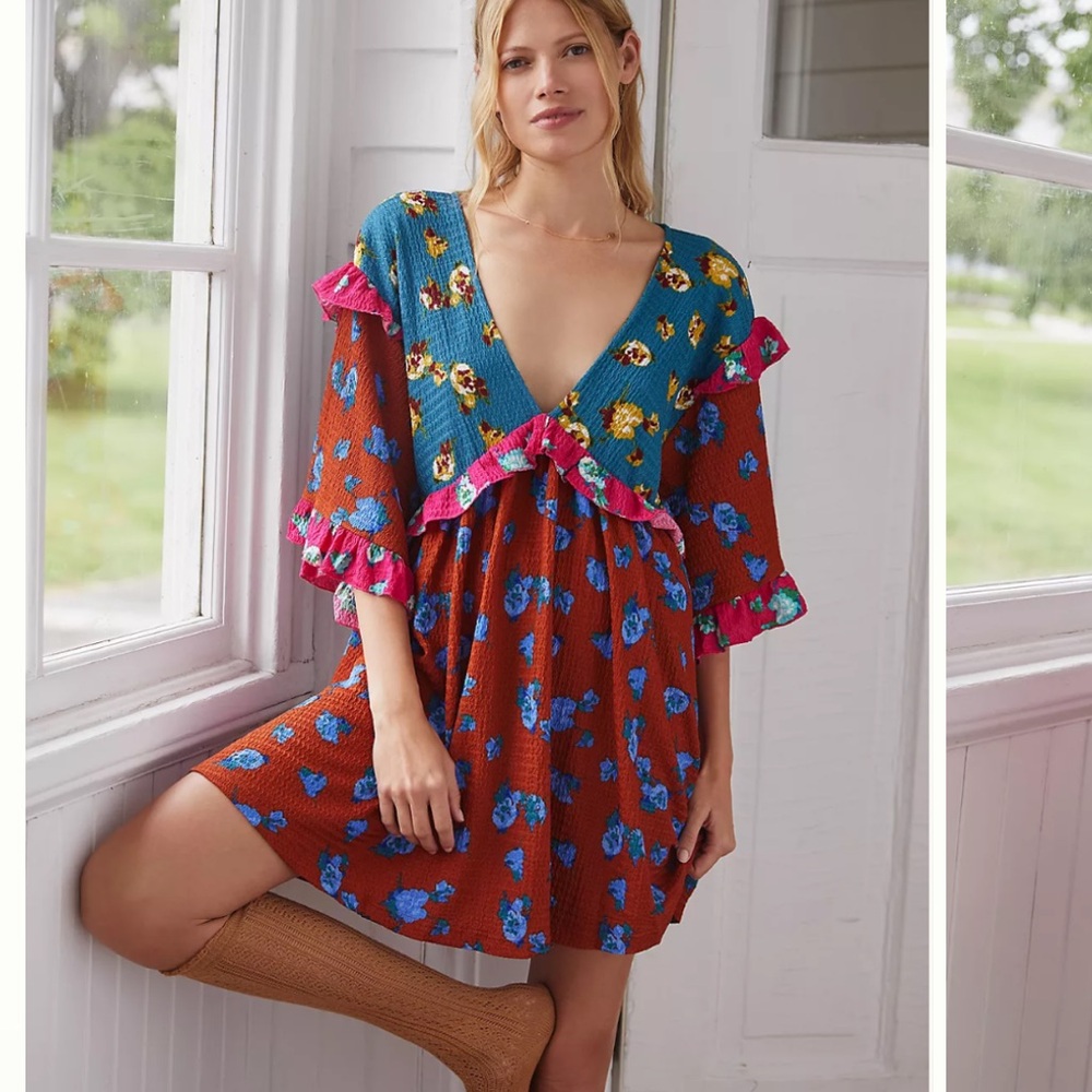 Anthropologie‎ Small NEW Ruffle V Neck Sleep Mini Dress Baydoll Floral Boho